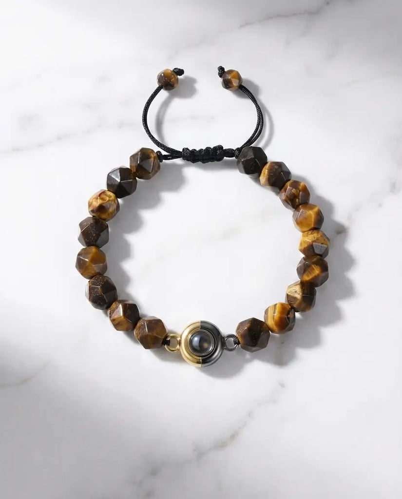 Personalised Tiger's Eye Photo Projection Bracelet - Unisex Beaded Bangle IfShe UK