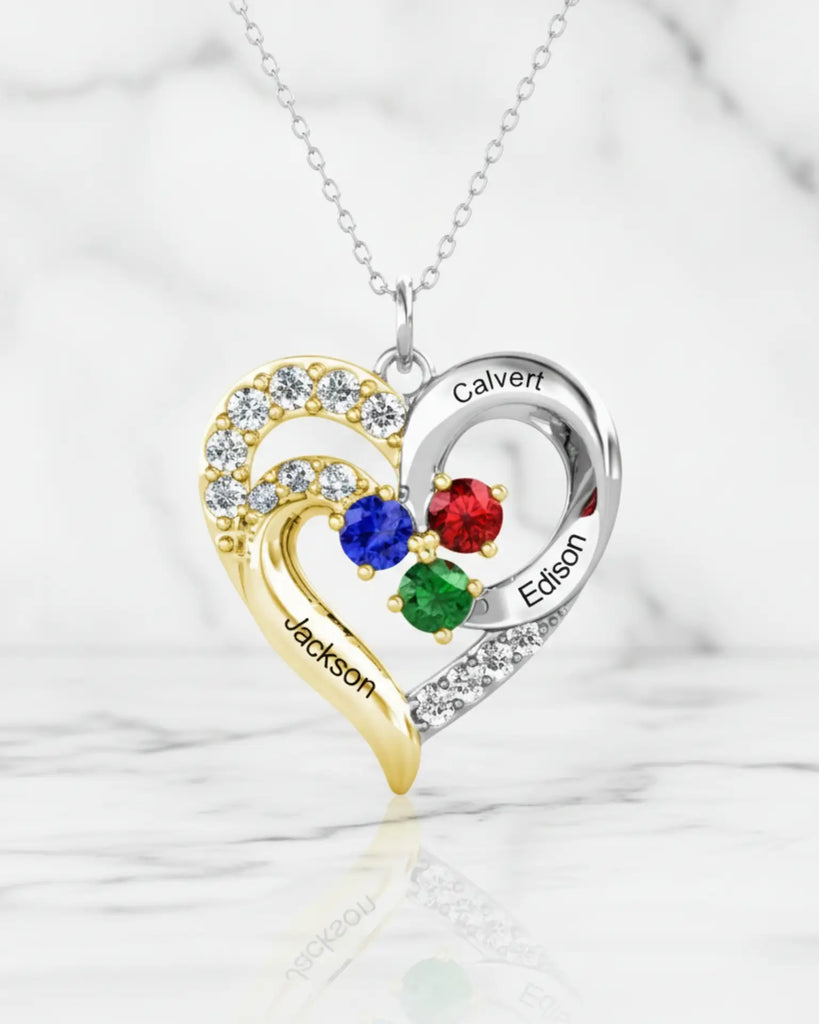 Personalised Two-Tone Heart Pendant: Engraved Names & Family Birthstones, Sterling Silver Gift for Mum IfShe UK