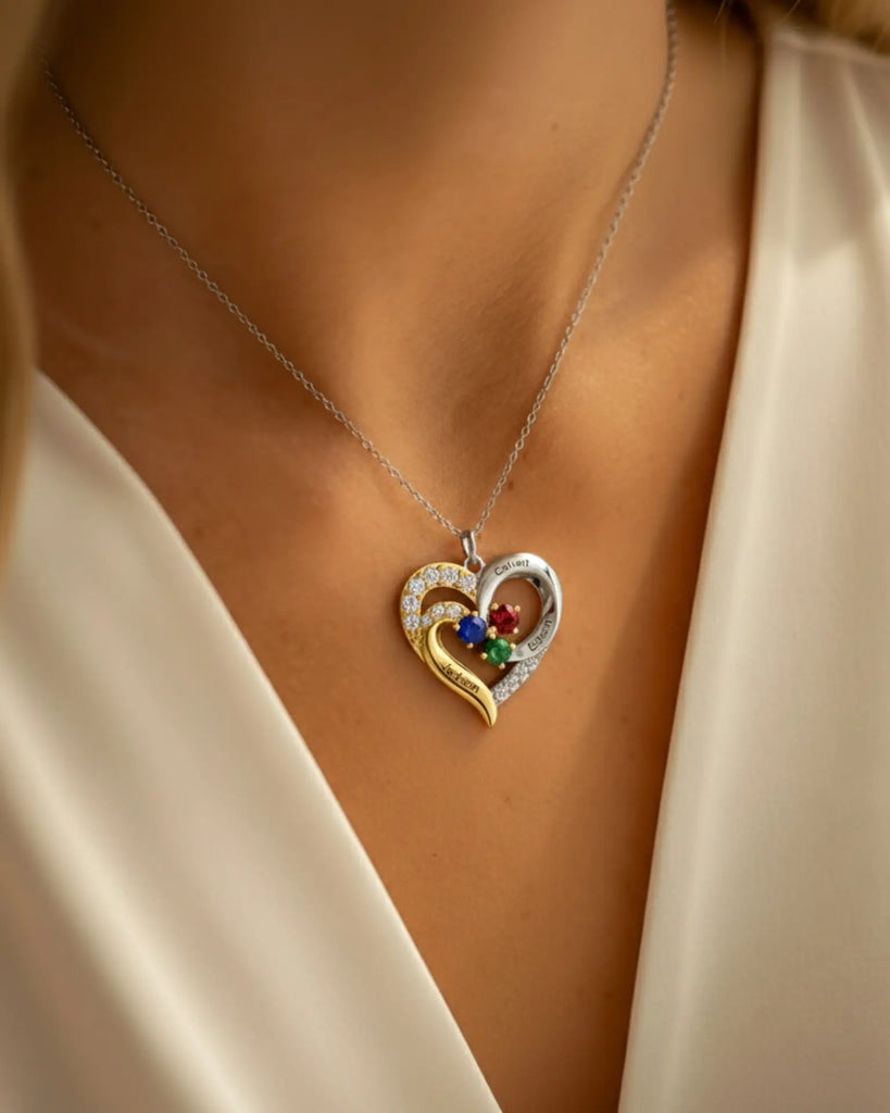 Personalised Two-Tone Heart Pendant: Engraved Names & Family Birthstones, Sterling Silver Gift for Mum IfShe UK