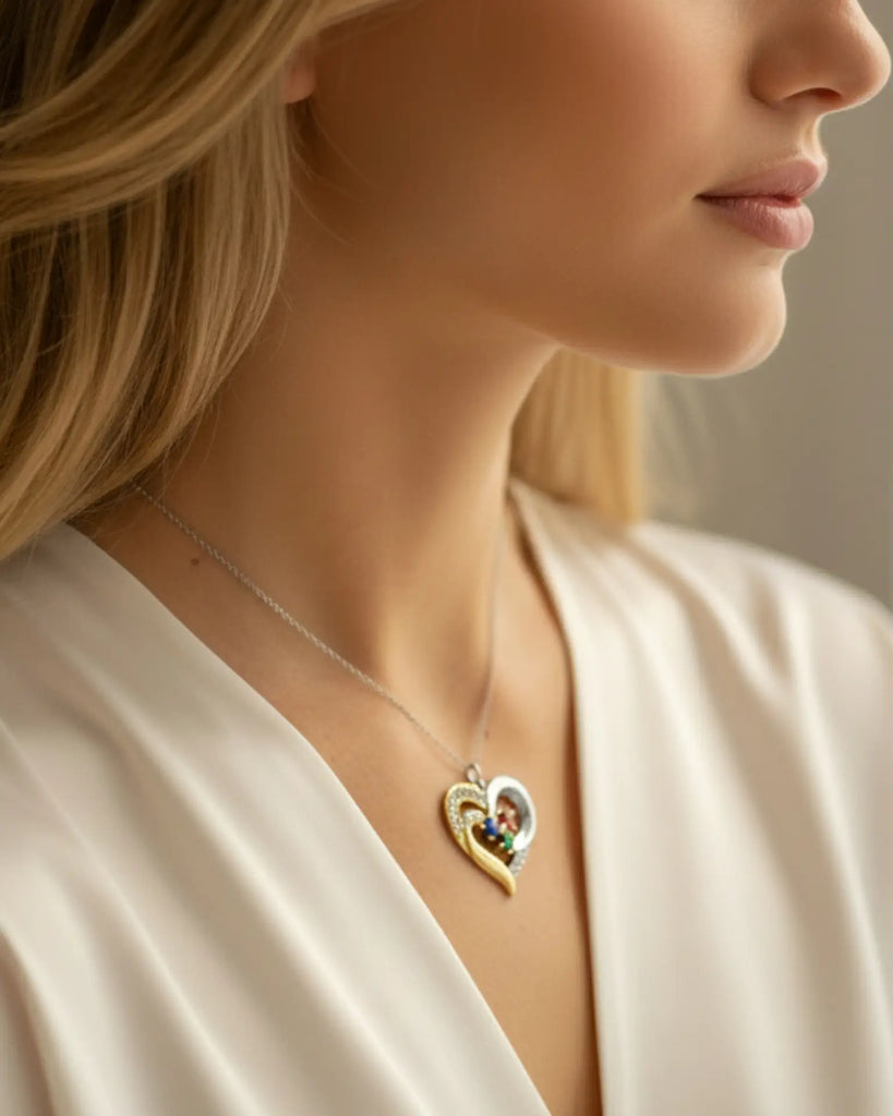 Personalised Two-Tone Heart Pendant: Engraved Names & Family Birthstones, Sterling Silver Gift for Mum IfShe UK