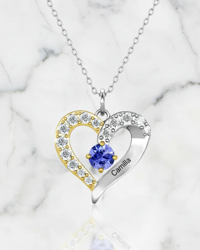 Personalised Two-Tone Heart Pendant: Engraved Names & Family Birthstones, Sterling Silver Gift for Mum IfShe UK