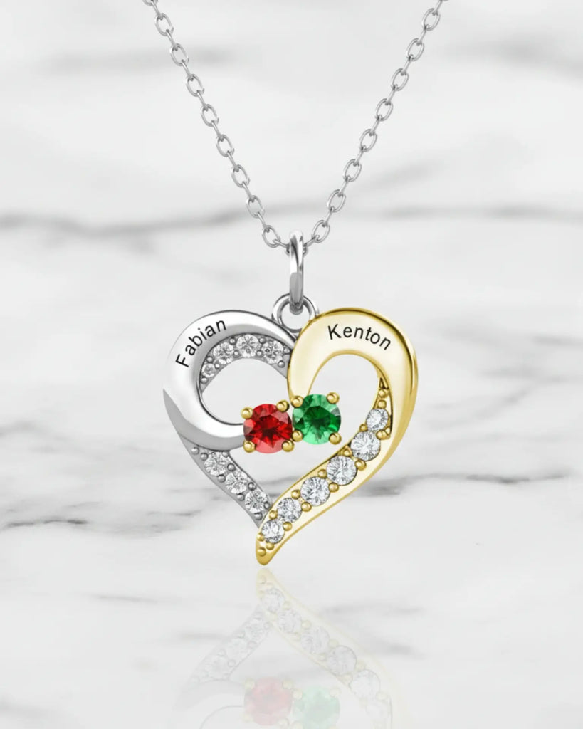 Personalised Two-Tone Heart Pendant: Engraved Names & Family Birthstones, Sterling Silver Gift for Mum IfShe UK