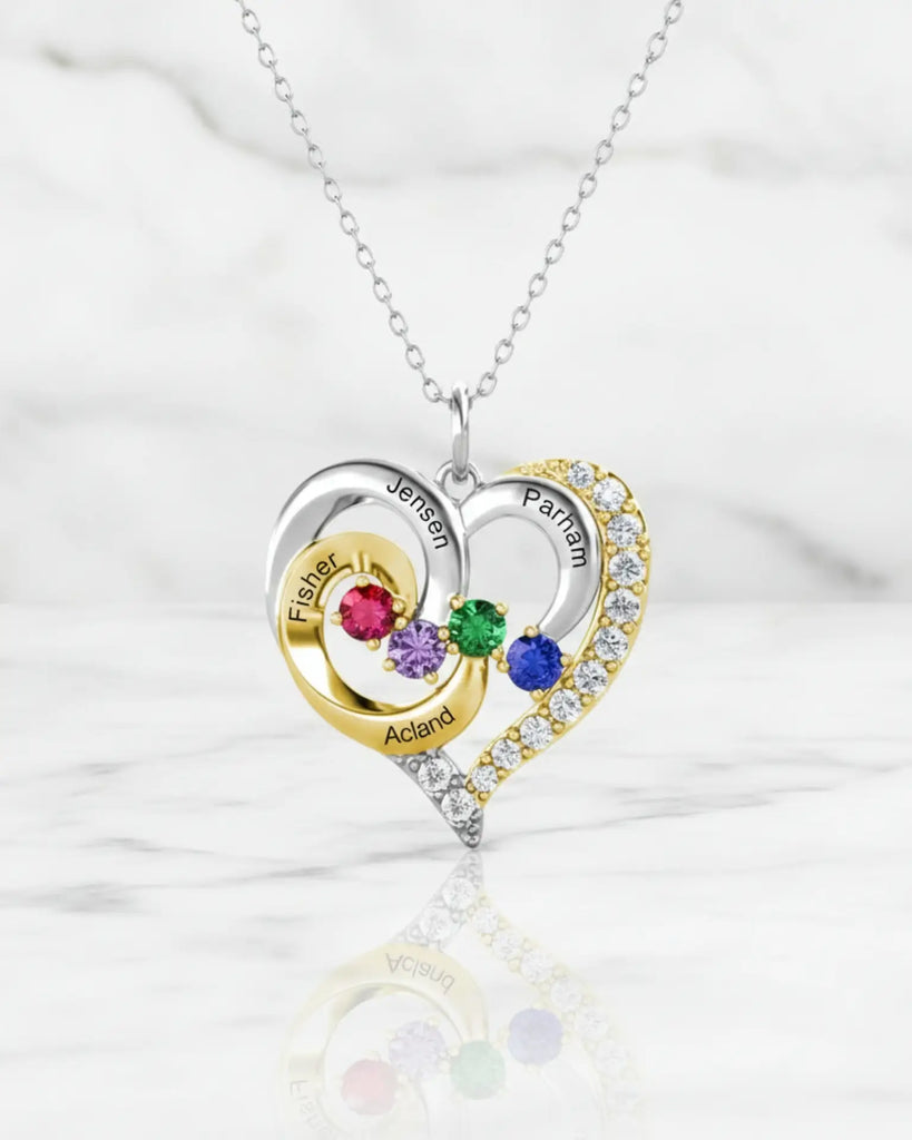 Personalised Two-Tone Heart Pendant: Engraved Names & Family Birthstones, Sterling Silver Gift for Mum IfShe UK