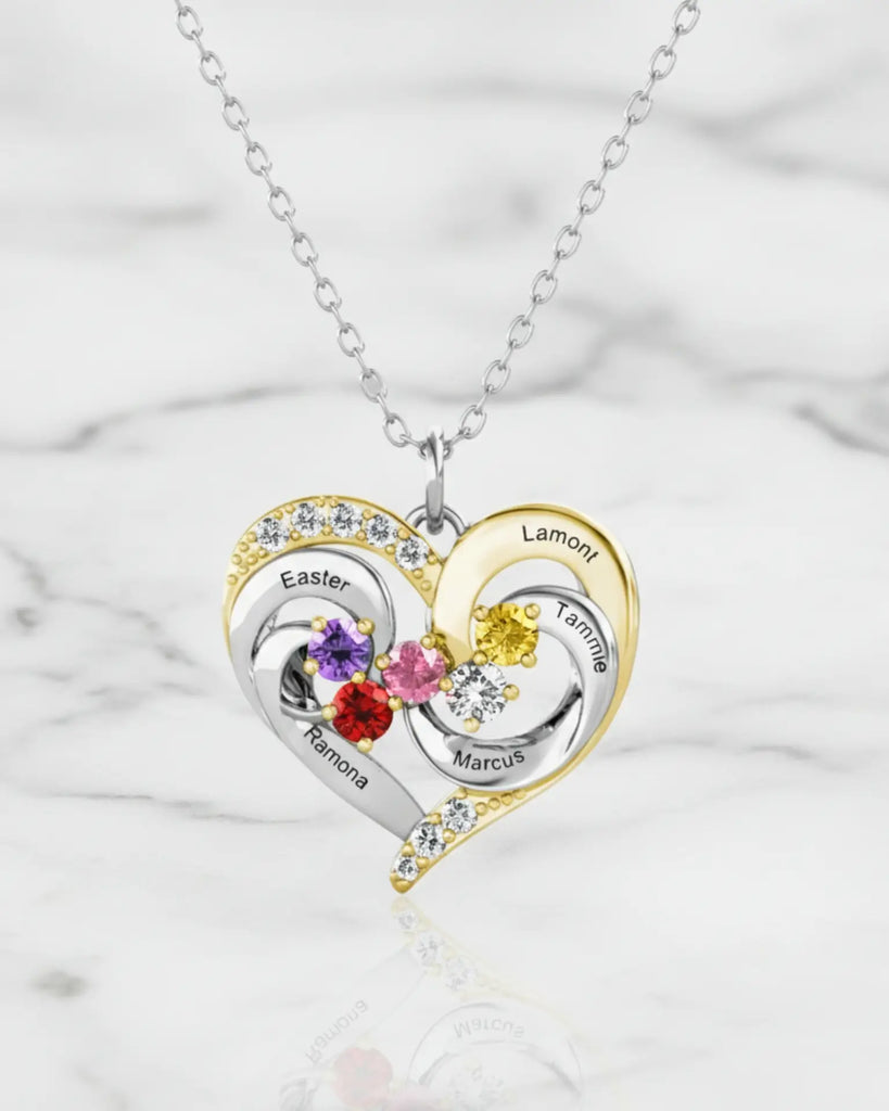 Personalised Two-Tone Heart Pendant: Engraved Names & Family Birthstones, Sterling Silver Gift for Mum IfShe UK