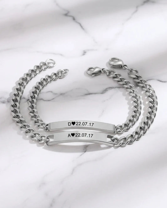 Personalised Bar Engraved Couple Bracelets with Initial & Date, Matching Bracelets for Couples – His & Hers Anniversary & Wedding Gift