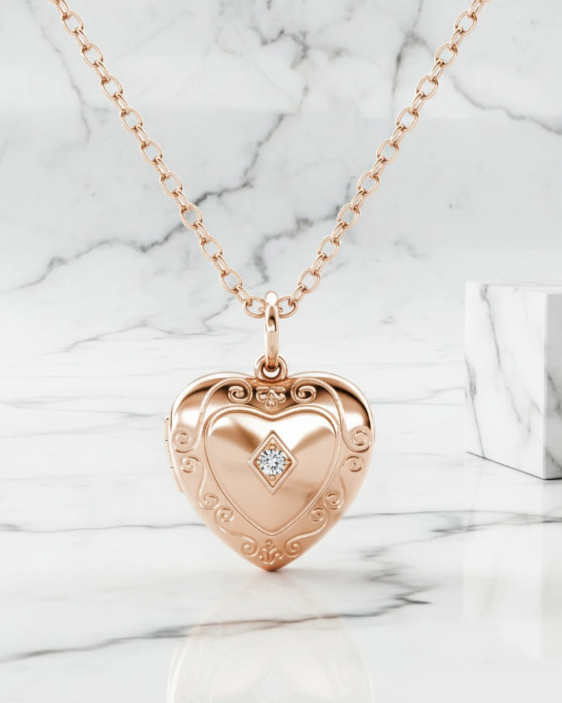Rose Gold Heart Photo Locket Necklace: Engraved, with Birthstone Option, Sterling Silver IfShe UK