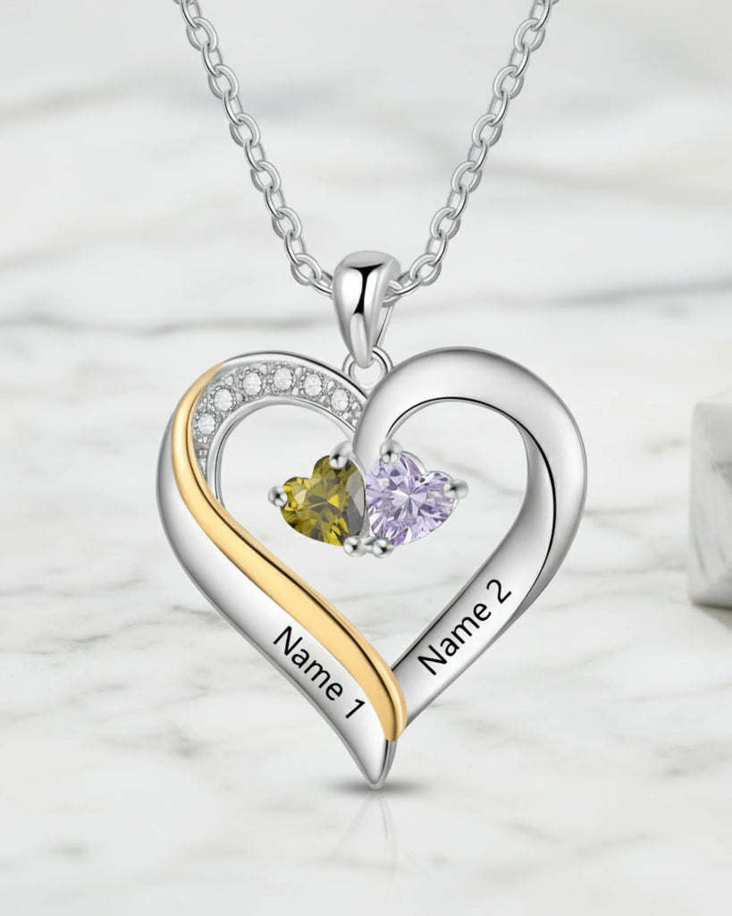 Sterling Silver Engraved Heart Necklace with Birthstones