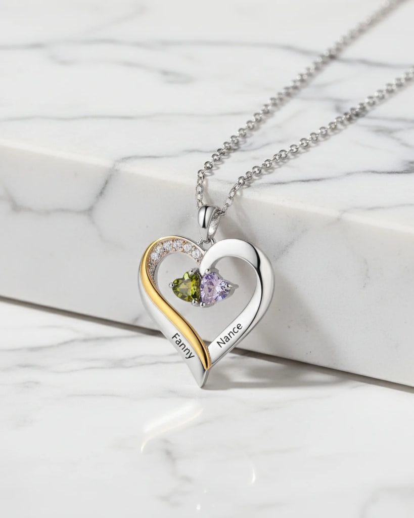 Sterling Silver Engraved Heart Necklace with Birthstones