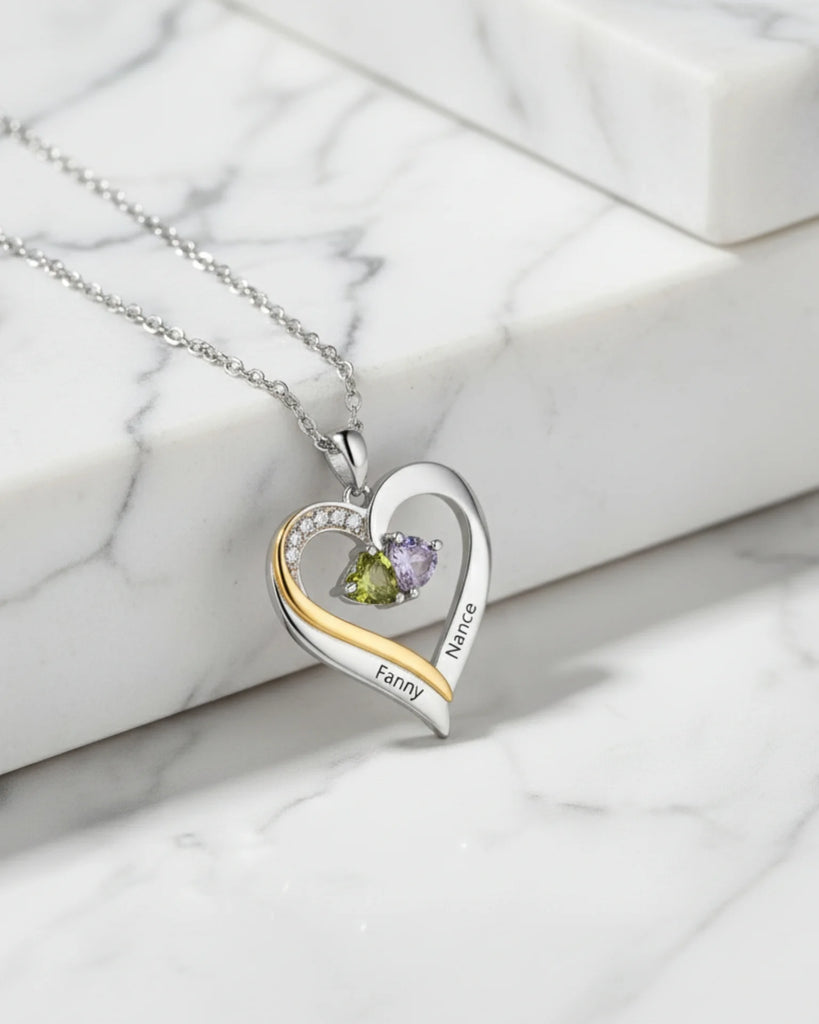Sterling Silver Engraved Heart Necklace with Birthstones