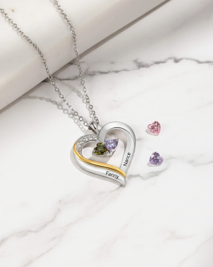 Sterling Silver Engraved Heart Necklace with Birthstones