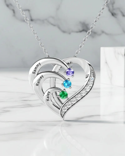 Sterling Silver Heart Name Personalised Necklace with 3 Birthstones