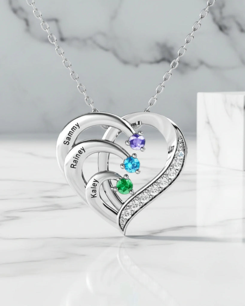 Sterling Silver Heart Name Personalised Necklace with 3 Birthstones