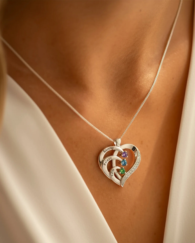 Sterling Silver Heart Name Personalised Necklace with 3 Birthstones