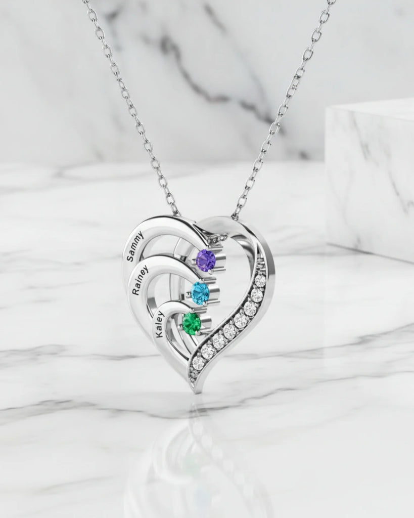 Sterling Silver Heart Name Personalised Necklace with 3 Birthstones