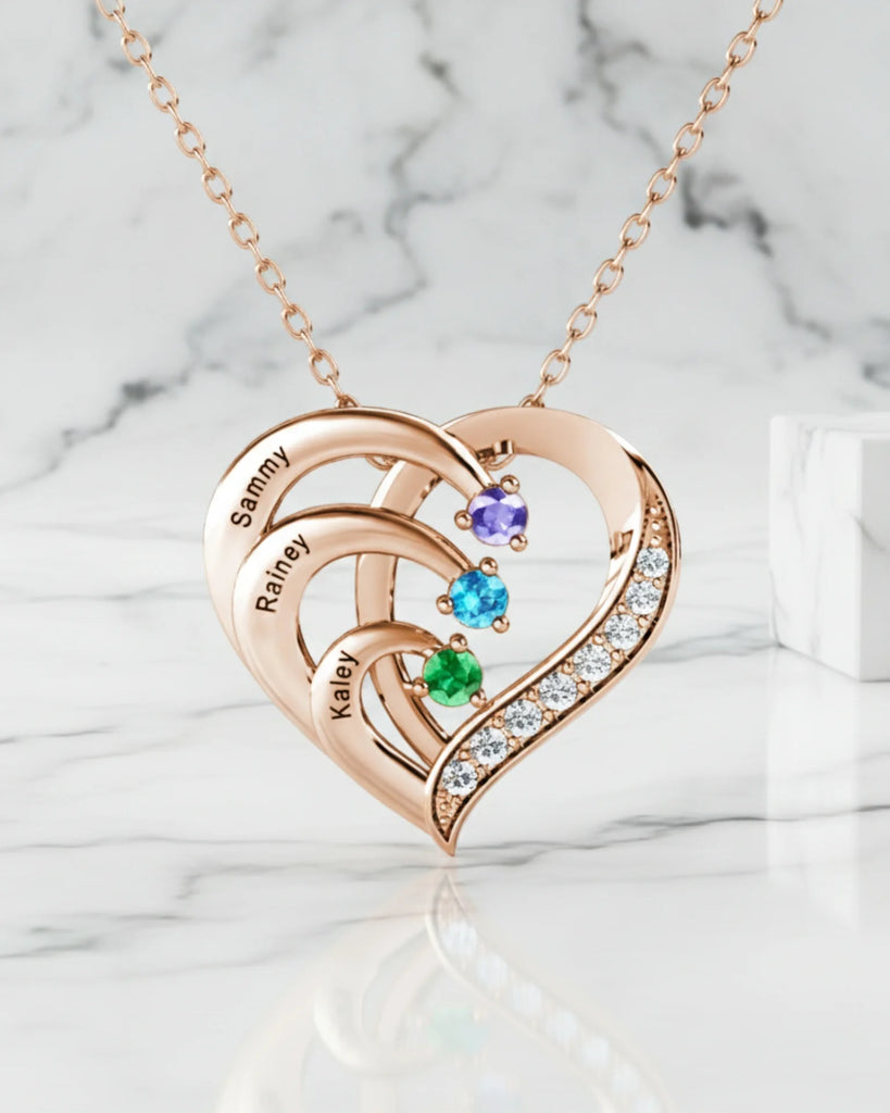 Sterling Silver Heart Name Personalised Necklace with 3 Birthstones