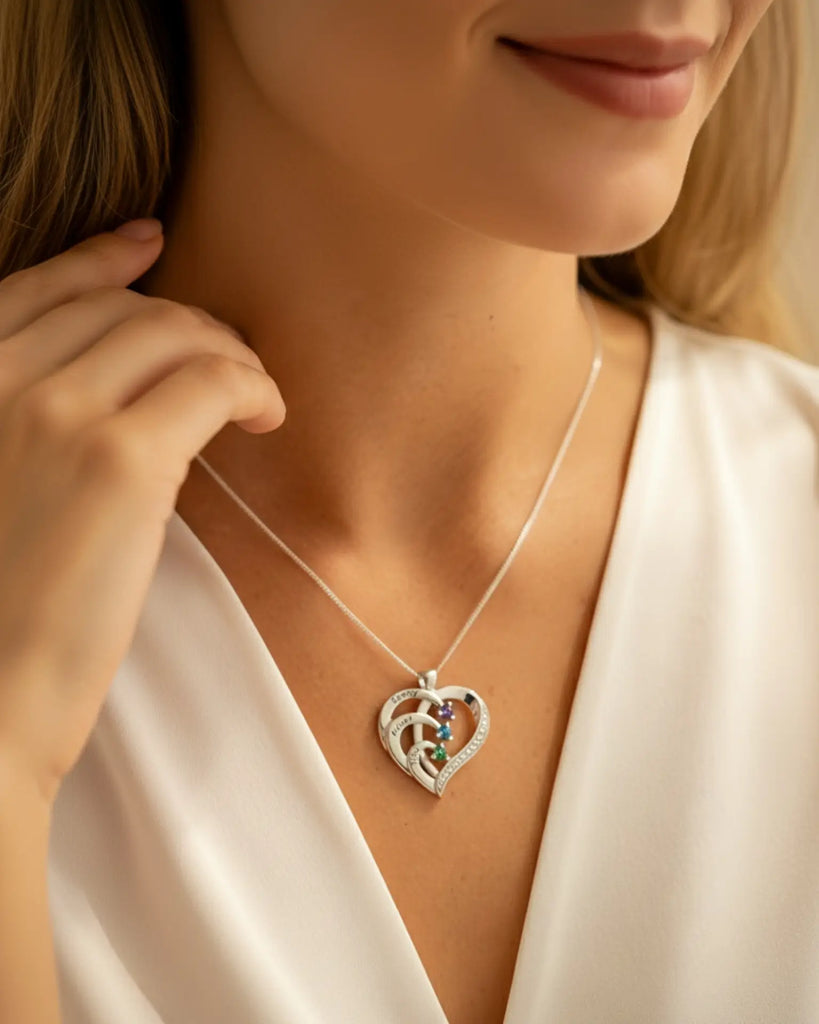 Sterling Silver Heart Name Personalised Necklace with 3 Birthstones IfShe Jewelry
