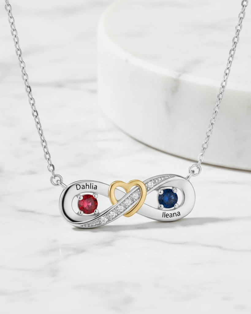 Sterling Silver Personalised Infinity Heart Birthstone Necklace with Engraved Names
