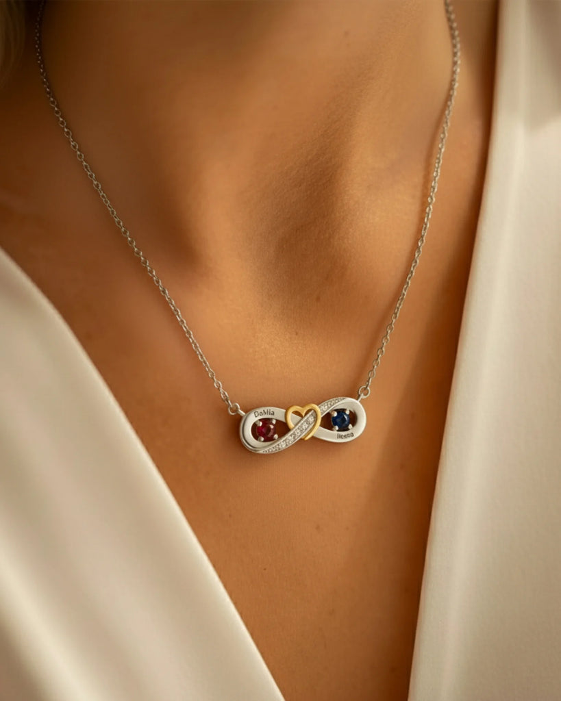 Sterling Silver Personalised Infinity Heart Birthstone Necklace with Engraved Names