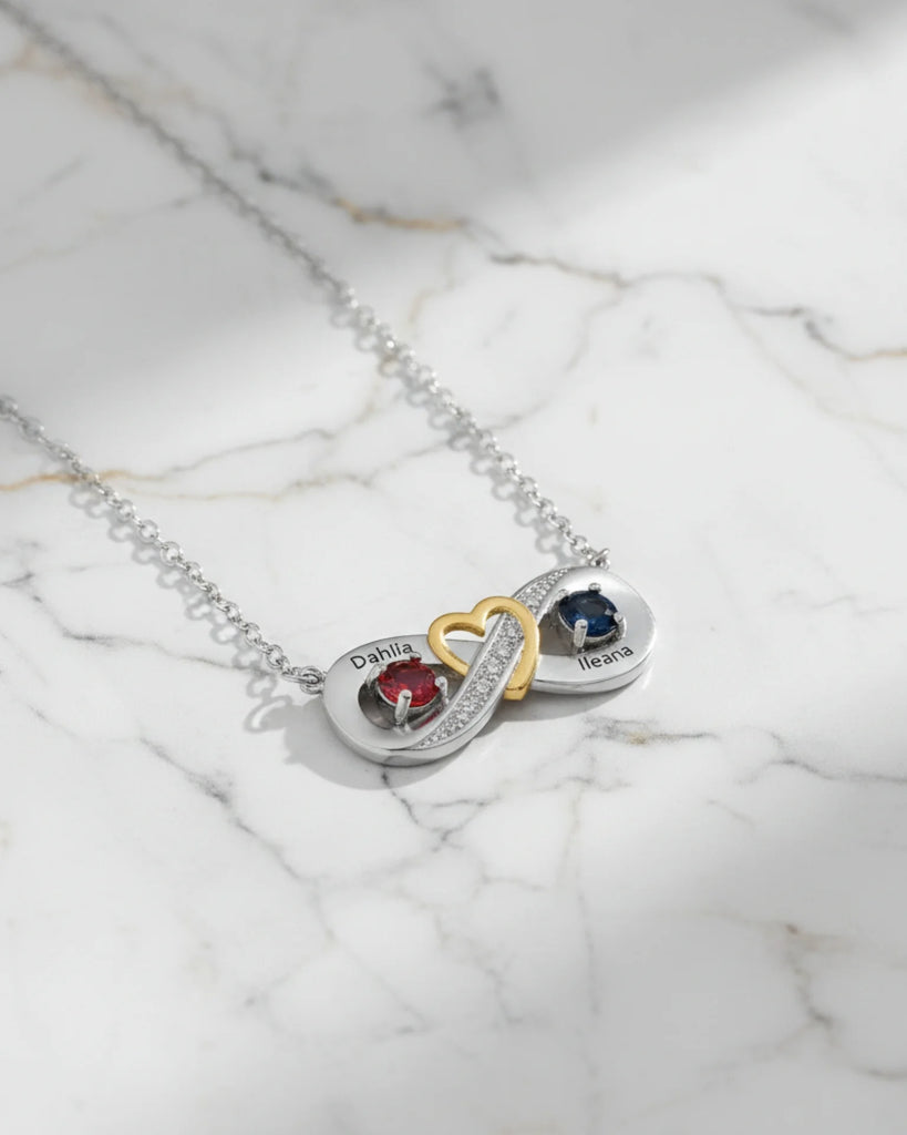 Sterling Silver Personalised Infinity Heart Birthstone Necklace with Engraved Names