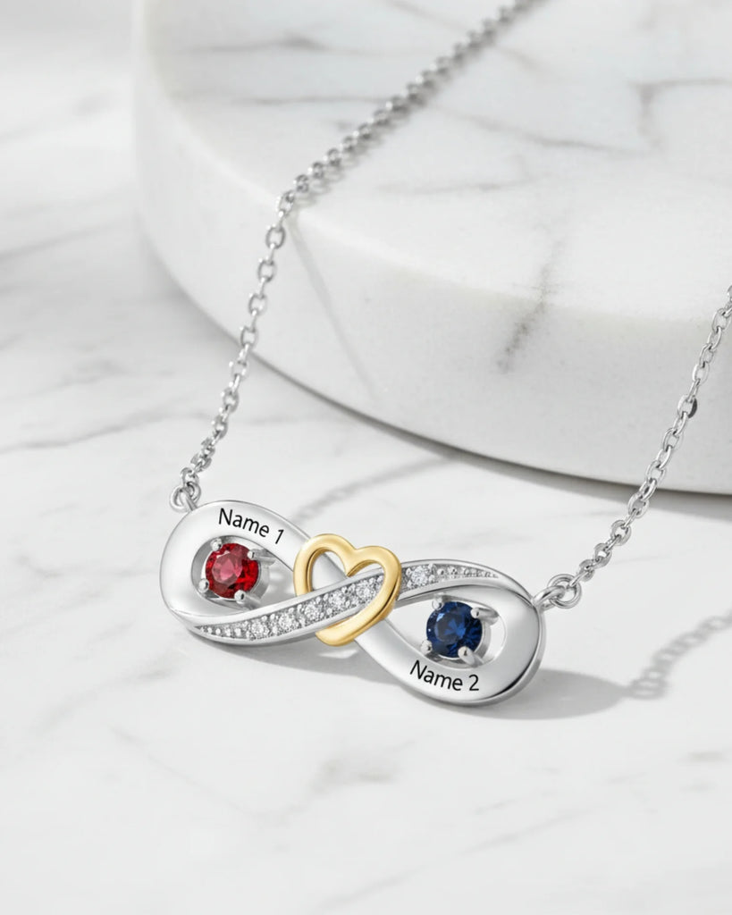 Sterling Silver Personalised Infinity Heart Birthstone Necklace with Engraved Names