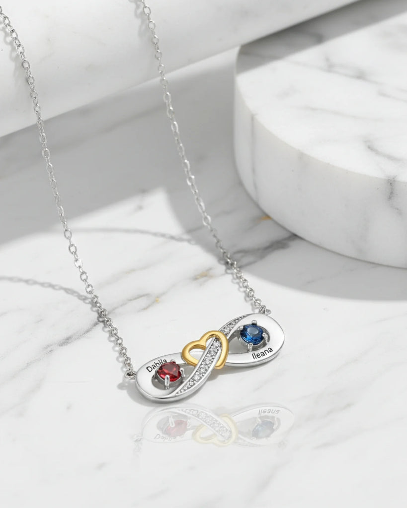 Sterling Silver Personalised Infinity Heart Birthstone Necklace with Engraved Names