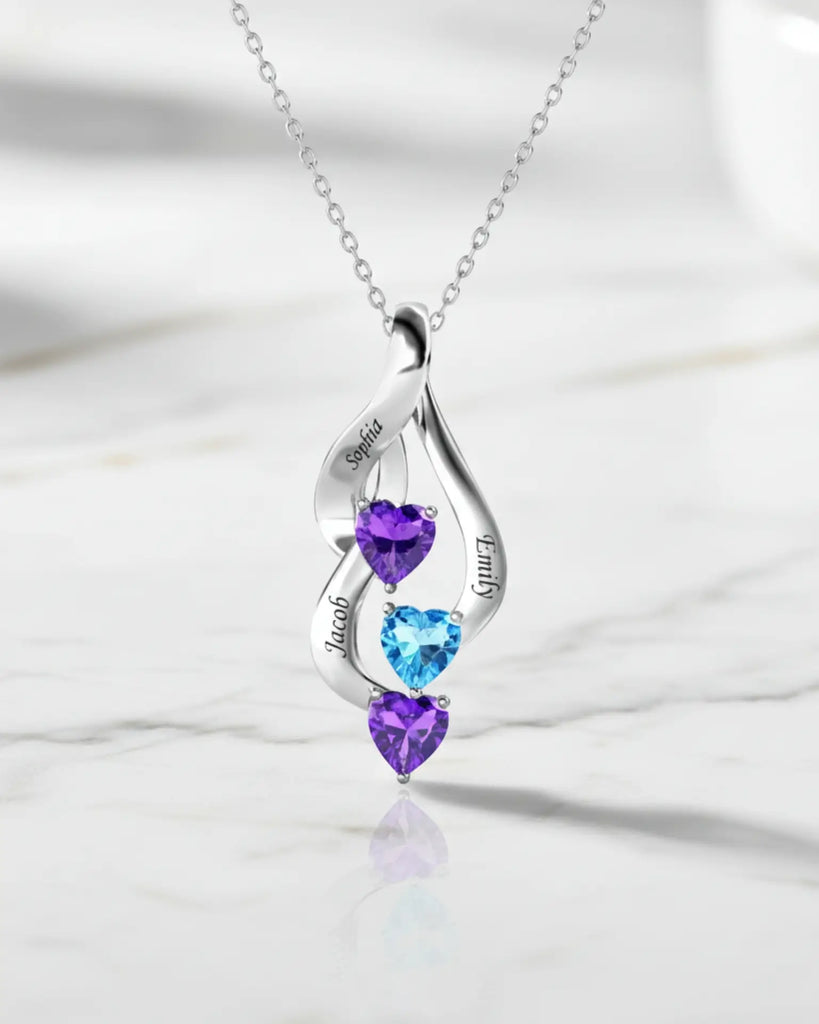 Sterling Silver Personalised Mum Necklace with 3 Engraved Names & Heart Birthstones IfShe UK