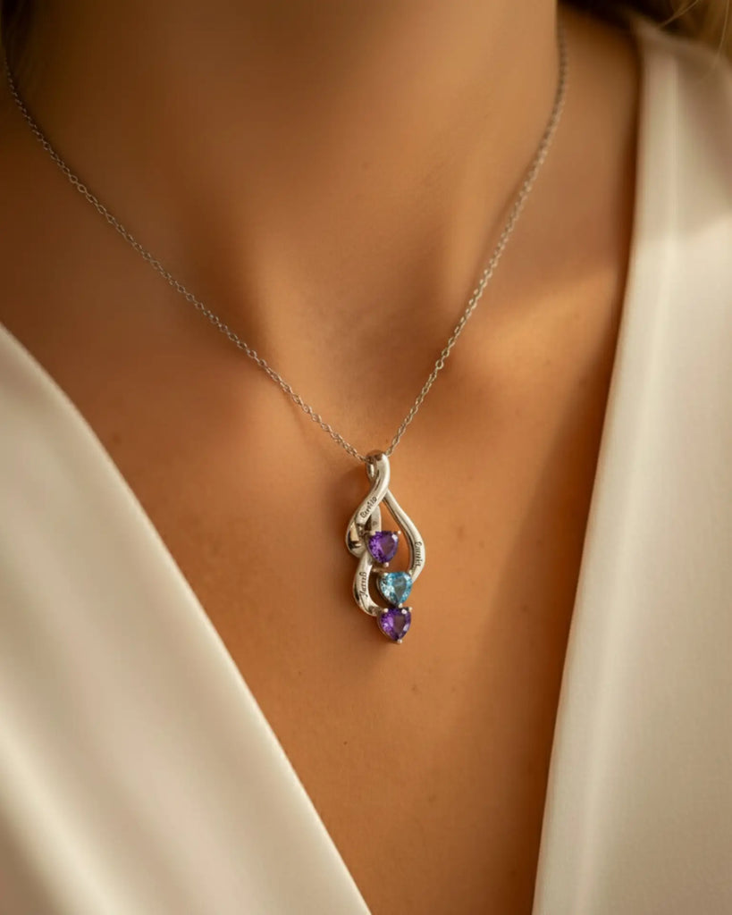 Sterling Silver Personalised Mum Necklace with 3 Engraved Names & Heart Birthstones IfShe UK