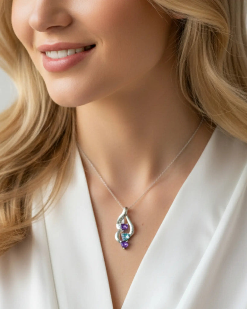 Sterling Silver Personalised Mum Necklace with 3 Engraved Names & Heart Birthstones IfShe UK