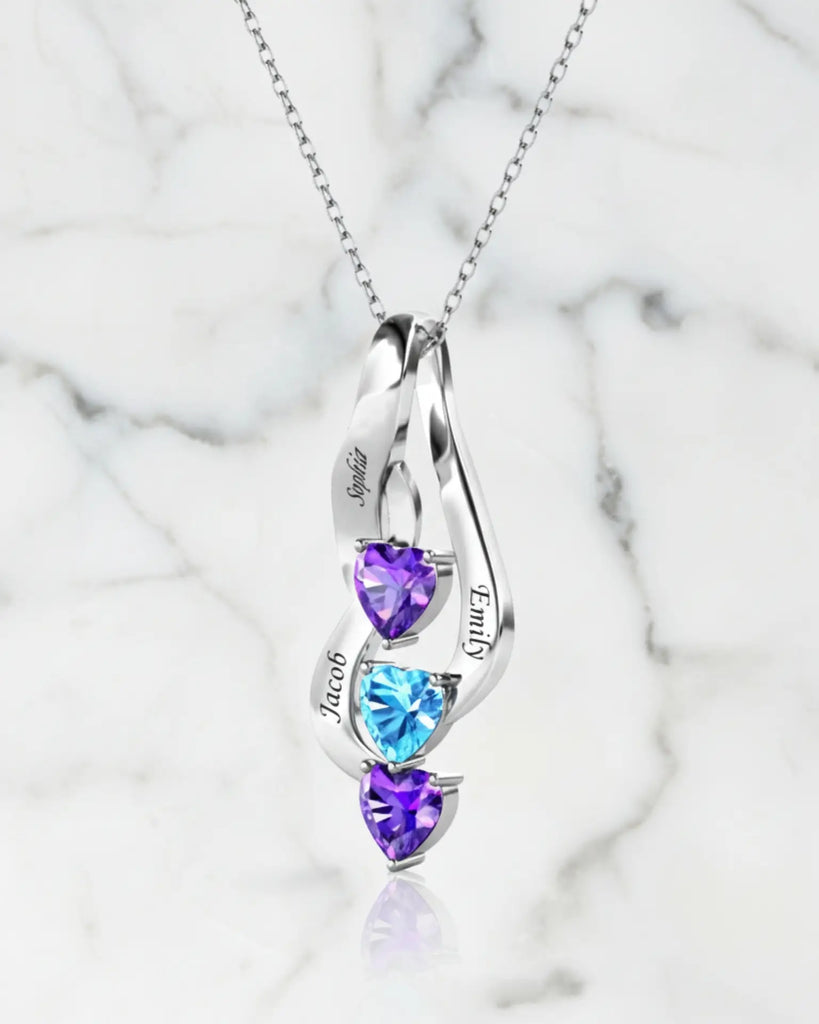 Sterling Silver Personalised Mum Necklace with 3 Engraved Names & Heart Birthstones IfShe UK