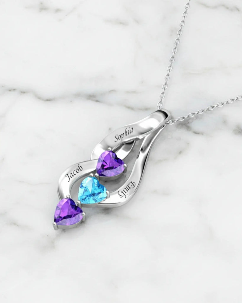 Sterling Silver Personalised Mum Necklace with 3 Engraved Names & Heart Birthstones IfShe UK