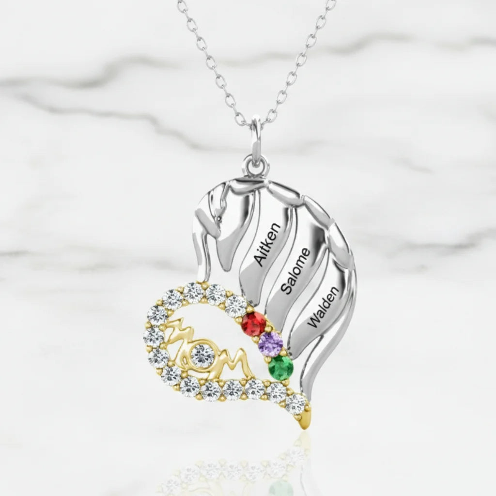 Sterling Silver Winged Heart Mum Necklace – Personalised with Children's Names and Birthstones