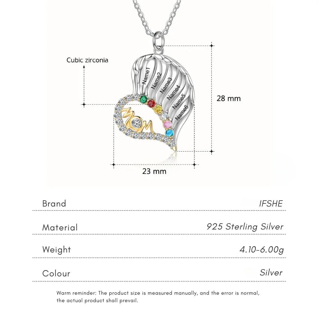 Sterling Silver Winged Heart Mum Necklace – Personalised with Children's Names and Birthstones