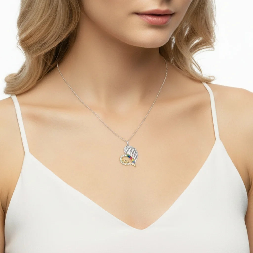 Sterling Silver Winged Heart Mum Necklace – Personalised with Children's Names and Birthstones
