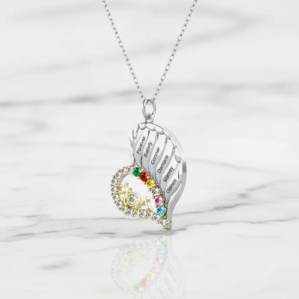 Sterling Silver Winged Heart Mum Necklace – Personalised with Children's Names and Birthstones