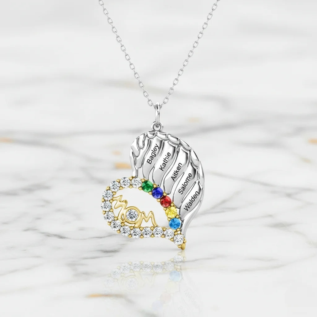 Sterling Silver Winged Heart Mum Necklace – Personalised with Children's Names and Birthstones