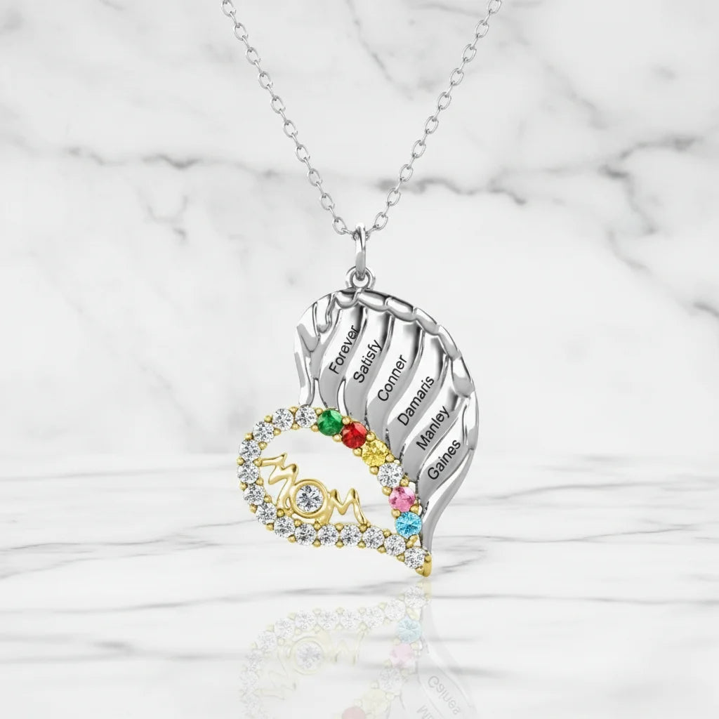 Sterling Silver Winged Heart Mum Necklace – Personalised with Children's Names and Birthstones
