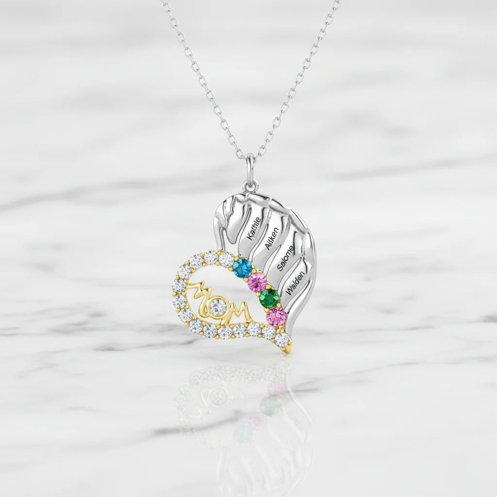 Sterling Silver Winged Heart Mum Necklace – Personalised with Children's Names and Birthstones
