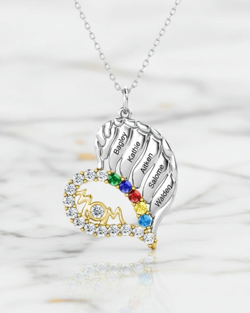 Sterling Silver Winged Heart Mum Necklace – Personalised with Children's Names and Birthstones IfShe