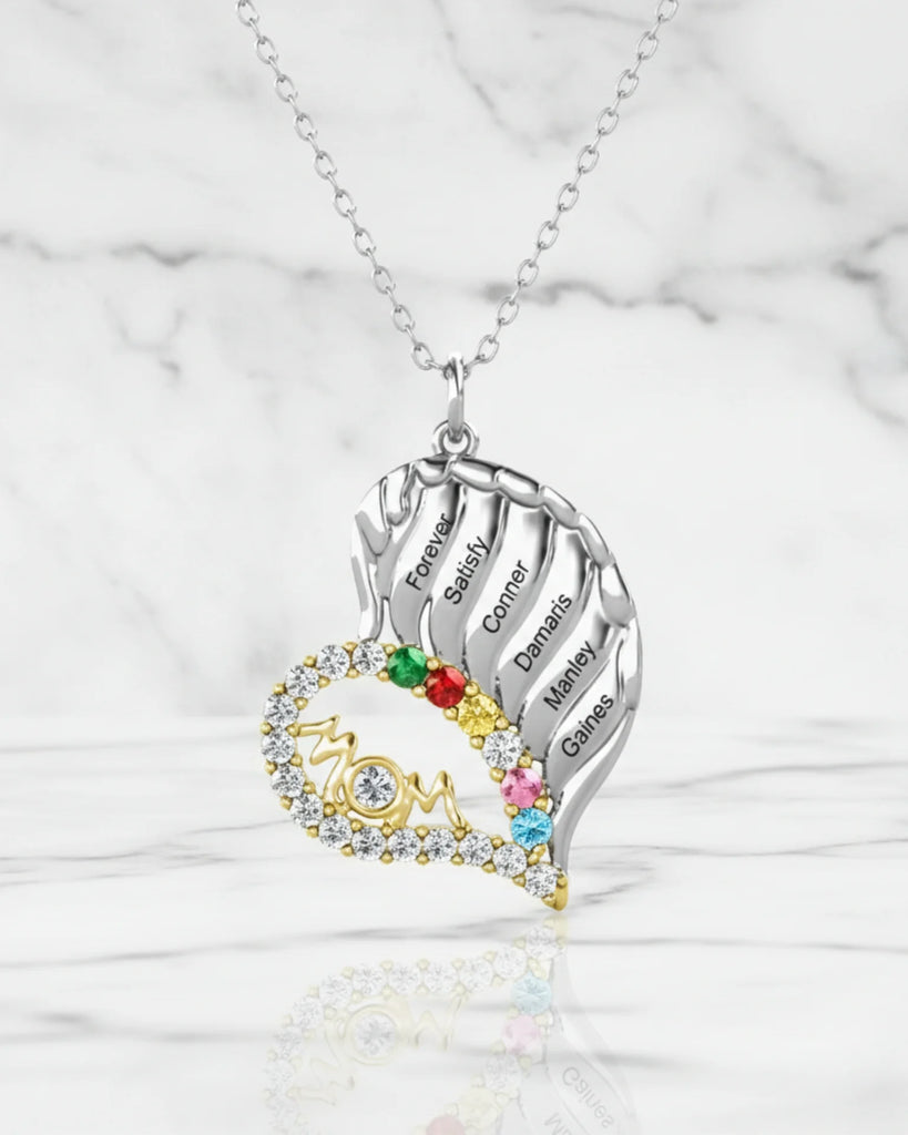 Sterling Silver Winged Heart Mum Necklace – Personalised with Children's Names and Birthstones IfShe