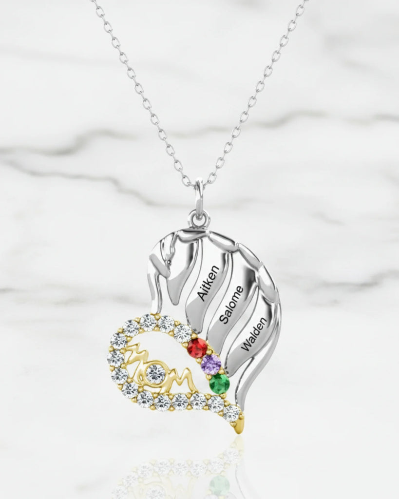 Sterling Silver Winged Heart Mum Necklace – Personalised with Children's Names and Birthstones IfShe