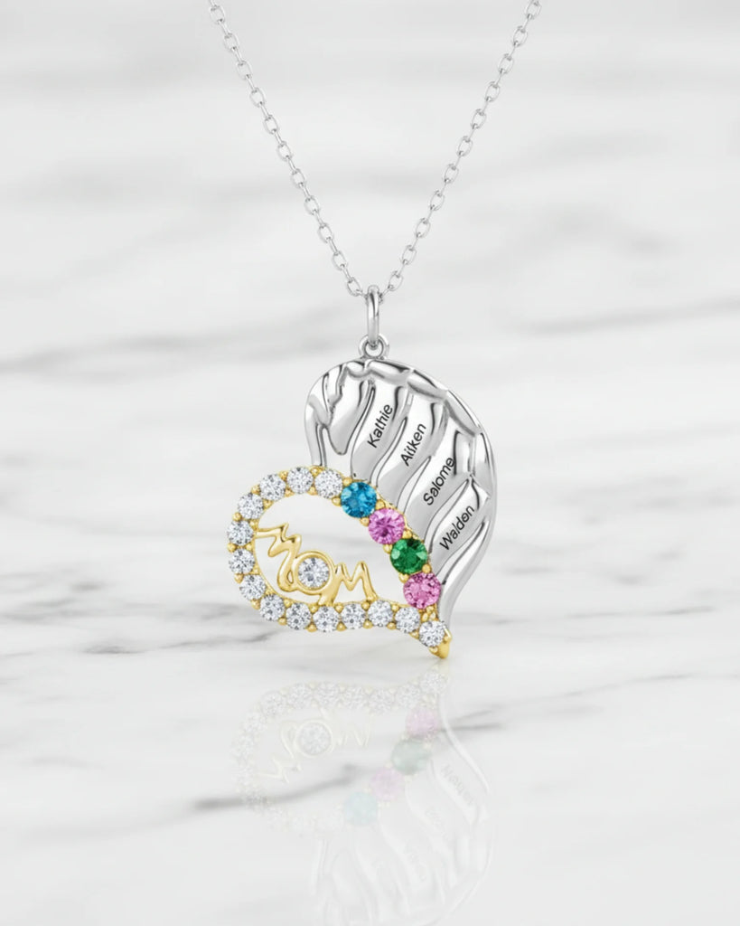 Sterling Silver Winged Heart Mum Necklace – Personalised with Children's Names and Birthstones IfShe