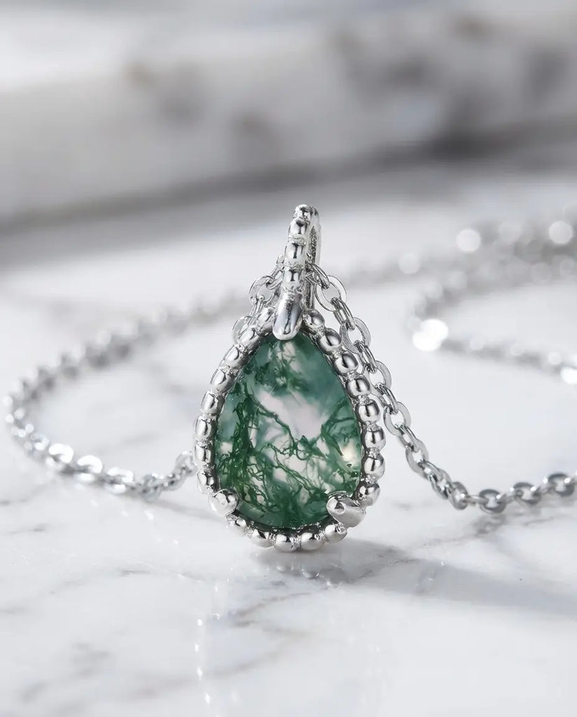 Teardrop Moss Agate Necklace - Sterling Silver Nature Pendant IfShe UK
