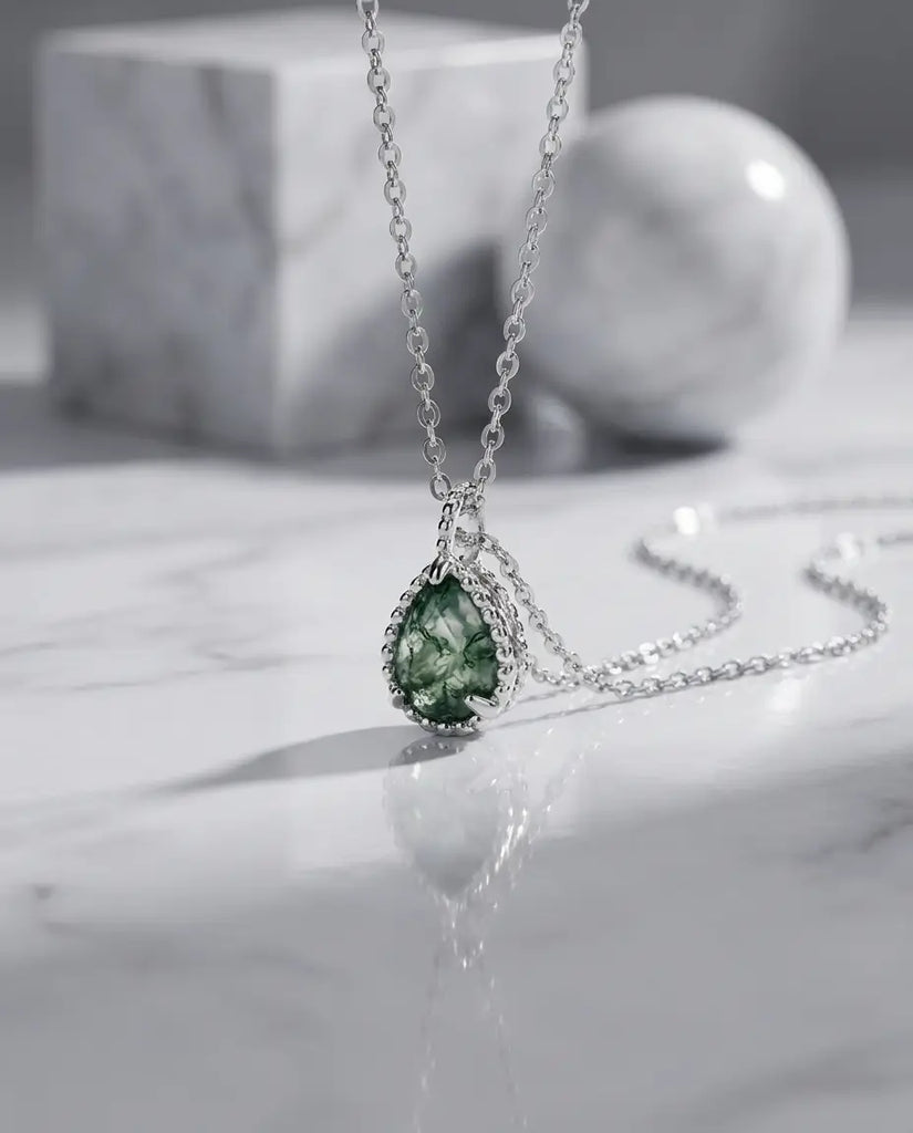 Teardrop Moss Agate Necklace - Sterling Silver Nature Pendant IfShe UK
