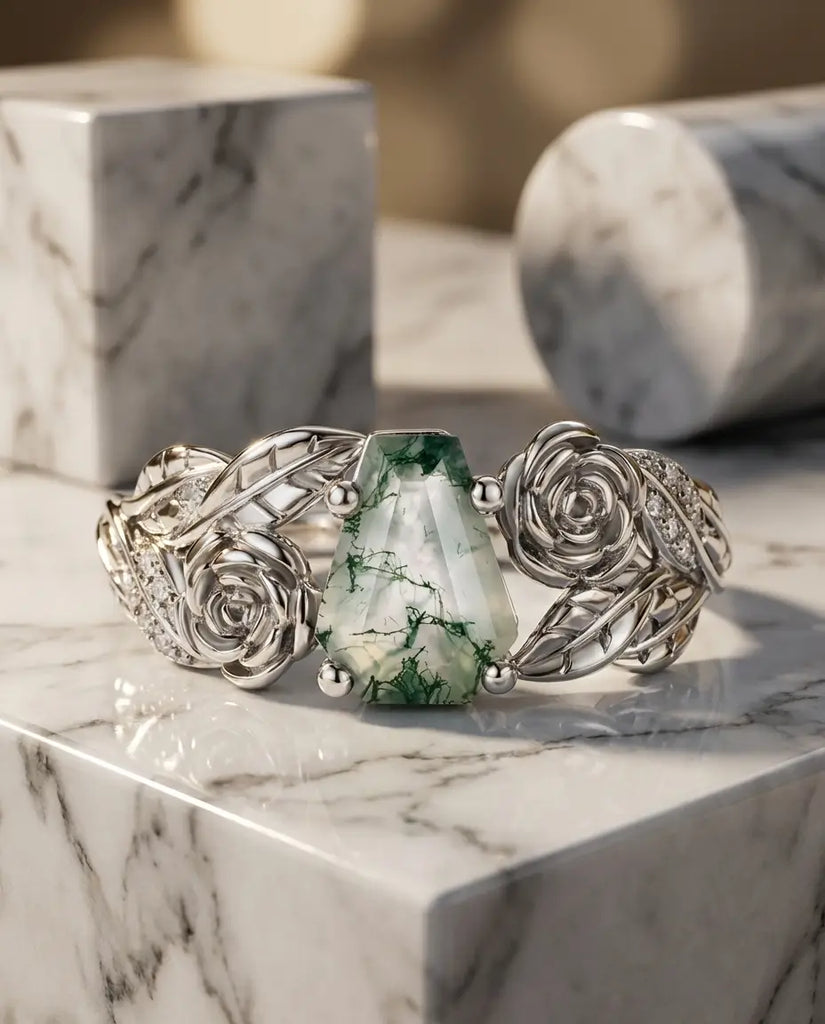 Vintage Coffin Cut Moss Agate Ring - Sterling Silver Rose & Leaf Design IfShe UK