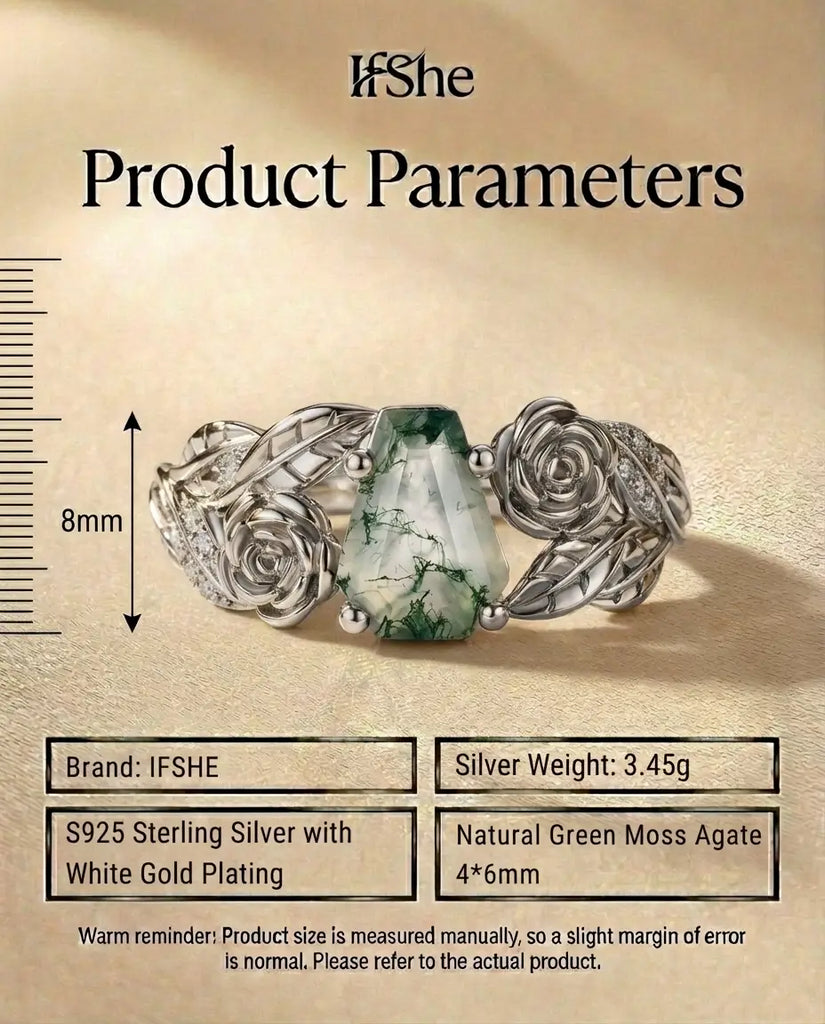 Vintage Coffin Cut Moss Agate Ring - Sterling Silver Rose & Leaf Design IfShe UK