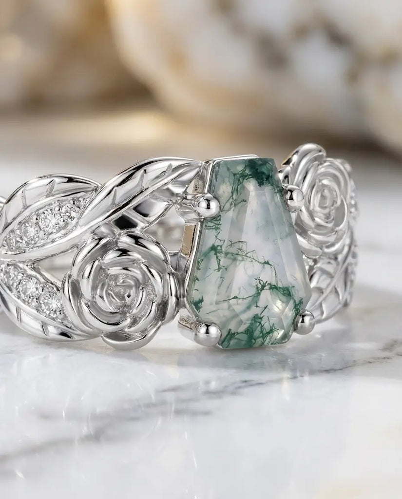 Vintage Coffin Cut Moss Agate Ring - Sterling Silver Rose & Leaf Design IfShe UK