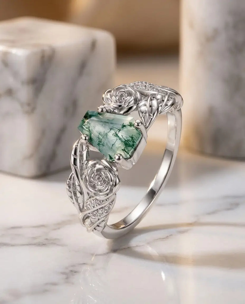 Vintage Coffin Cut Moss Agate Ring - Sterling Silver Rose & Leaf Design IfShe UK