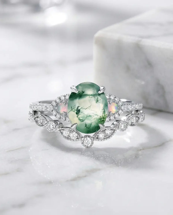 Vintage Oval Moss Agate & Opal Bridal Ring Set - Sterling Silver IfShe UK