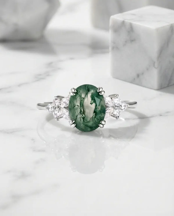 Vintage Style Oval Moss Agate Ring - Sterling Silver Nature-Inspired Band IfShe UK