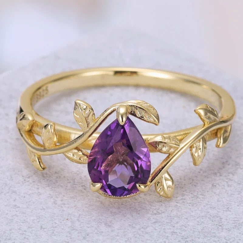 Pear Cut Amethyst Leaf Branch Ring